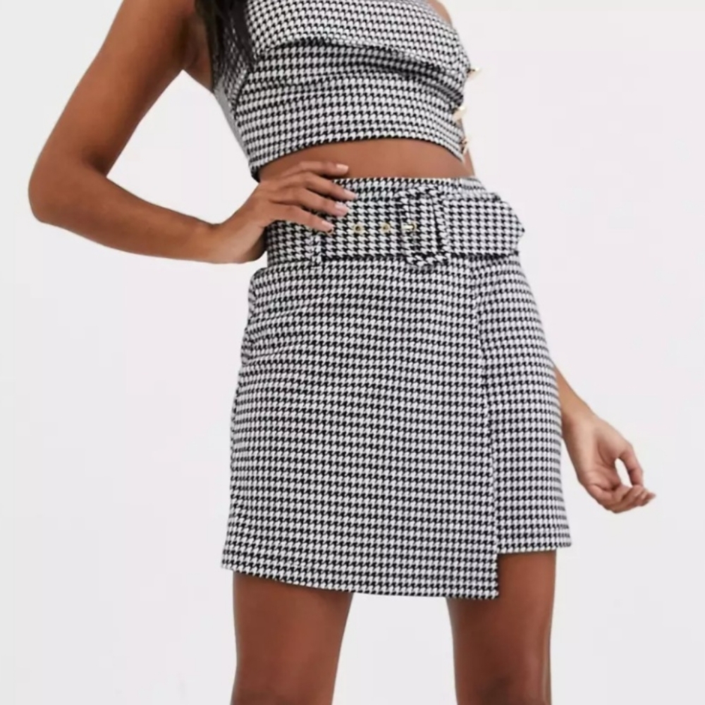 4th + Reckless Wrapover Asymmetric Skirt with Chunky Belt in Houndstooth Print